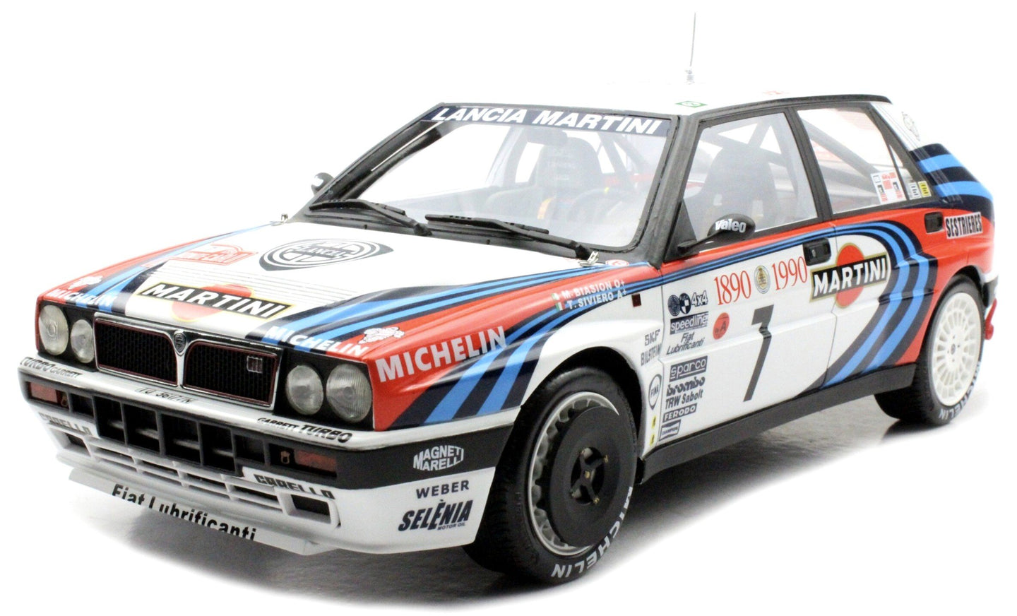 LANCIA DELTA HF INTEGRALE MARTINI 16V N 7 WINNER RALLY MONTECARLO 1990 D.AURIOL - B.OCCELLI WHITE RED BLUE 1:12