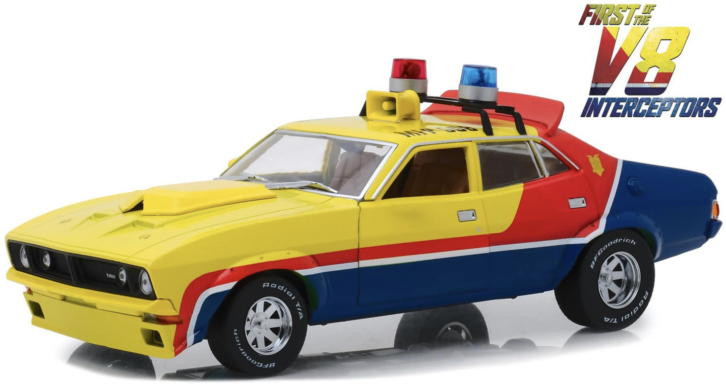 FORD USA FALCON XB V8 POLICE INTERCEPTOR MAD-MAX 1973 MOVIE - M.ROCKATANSKY THE DARK ONE YELLOW RED BLUE 1:18