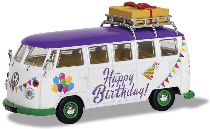 VOLKSWAGEN T1 MINIBUS HAPPY BIRTHDAY 1961 WHITE PURPLE 1:43