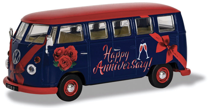VOLKSWAGEN T1 MINIBUS HAPPY ANNIVERSARY 1961 BLUE RED 1:43
