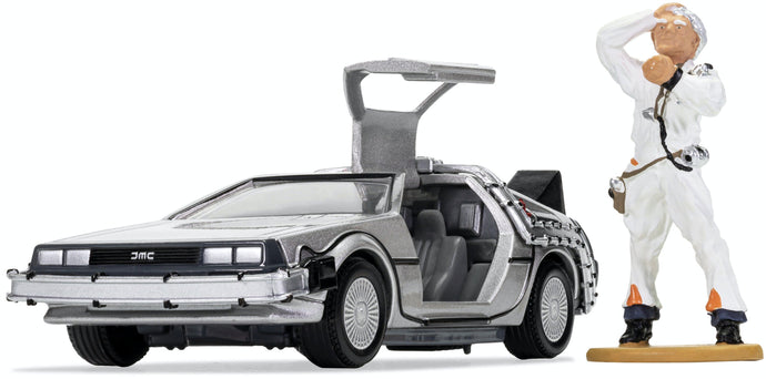 Delorean DMC - BACK TO THE FUTURE + DOC BROWN FIGUUR metal sølv 1:36