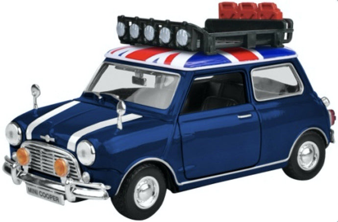 MINI COOPER CLASSIC WITH ROOF RACK BULE/WHITE/RED 1:18