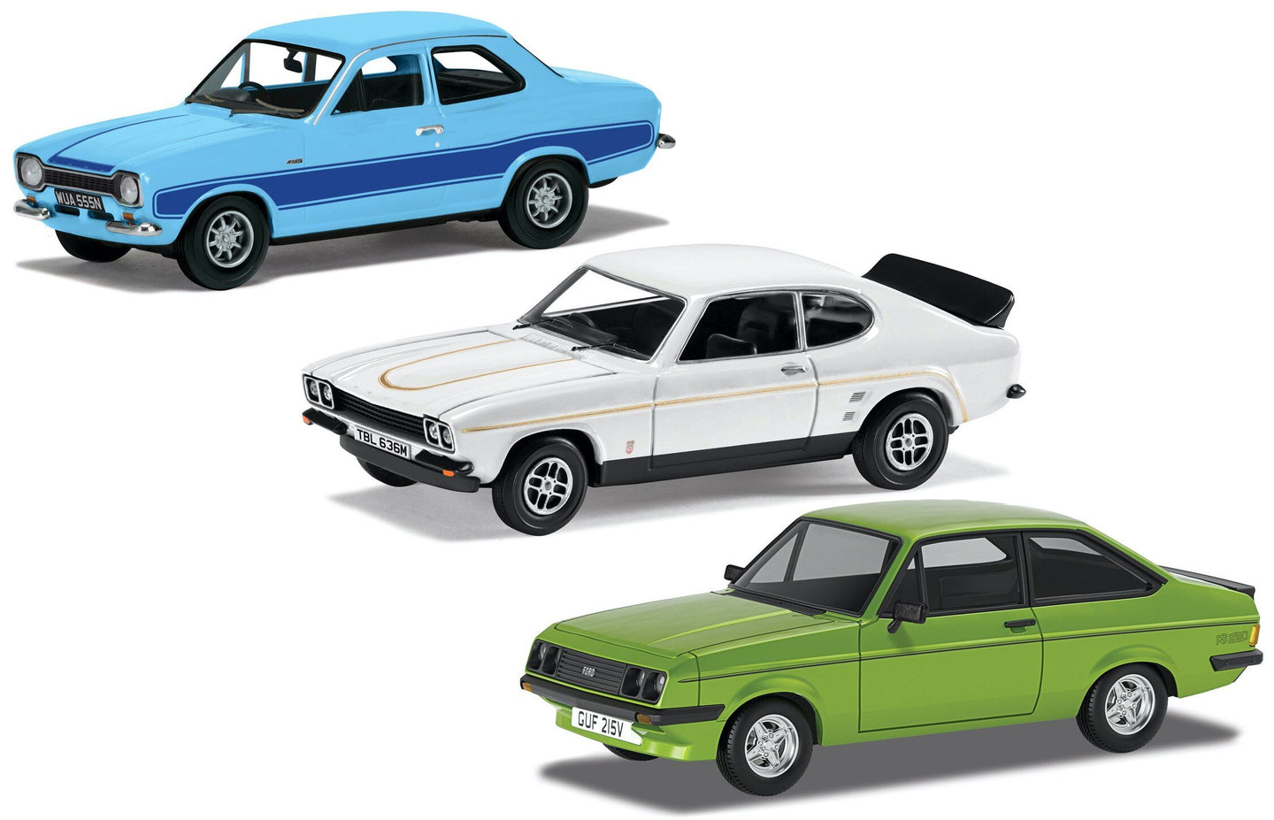 Ford RS 1970's COLLECTION - 3 CAR SET blå/hvid/grøn 1:43