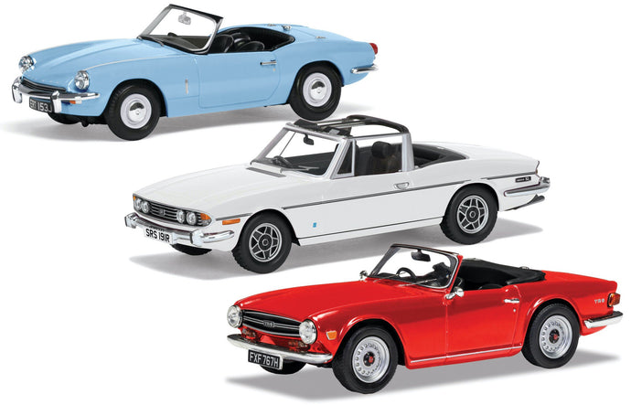 TRIUMPH COFFRET BOX SET 3X COLLECTION - SPITFIRE MKIII 1962 - STAG MKII 1955 - TR6 1960 LIGHT BLUE RED WHITE 1:43