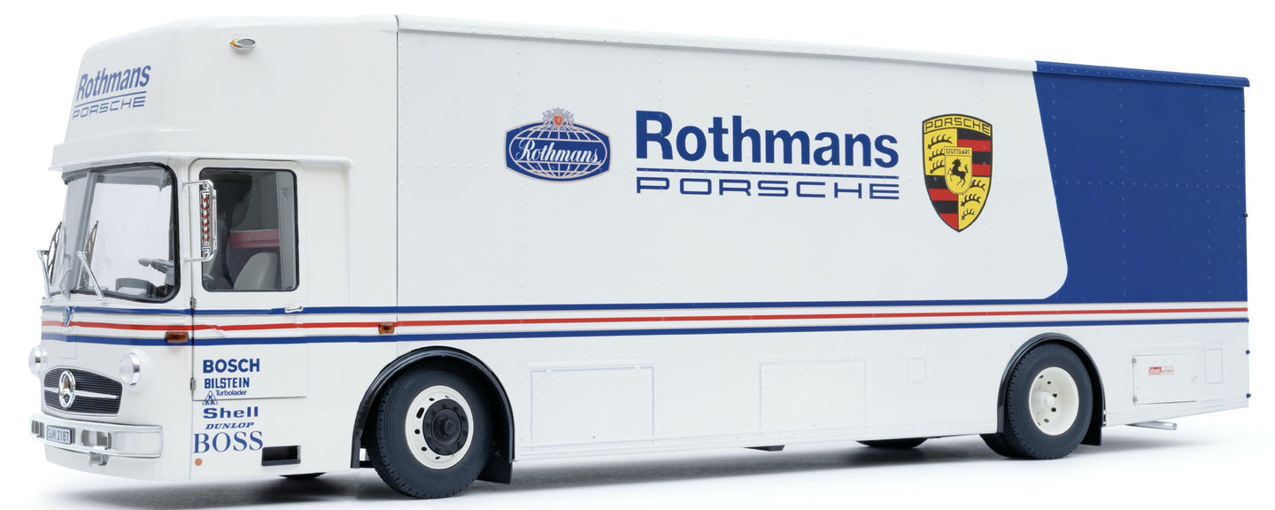 MERCEDES BENZ O317 TRUCK CAR TRANSPORTER PORSCHE ROTHMANS 1984 WHITE BLUE 1:18