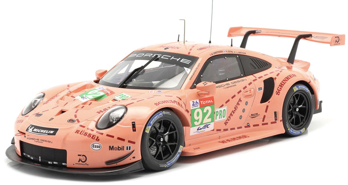 PORSCHE 911 991 RSR TEAM PORSCHE GT N 92 WINNER LMGTE PRO PINK PIG TRIBUTE 24h LE MANS 2018 MICHEAL CHRISTENSEN - KEVIN ESTRE - LAURENS VANTHOOR PINK 1:18