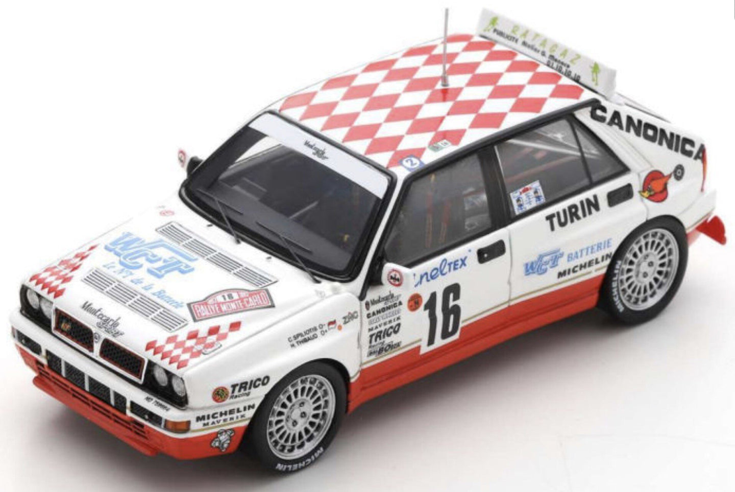 LANCIA DELTA HF INTEGRALE EVO CANONICA N 16 WINNER GROUP N RALLY MONTECARLO 1993 C.SPILIOTIS - H.THIBAUD WHITE RED 1:43