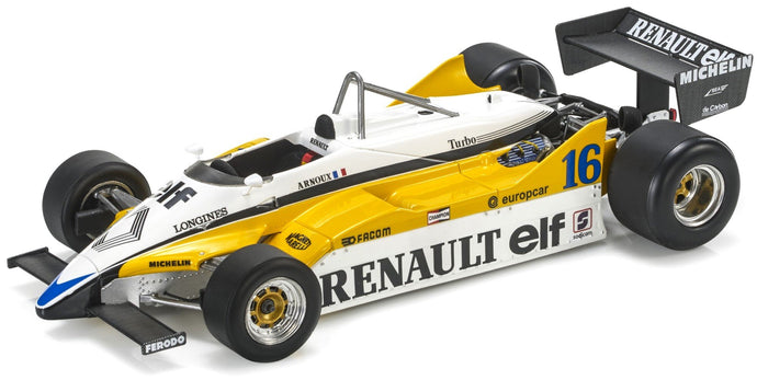 RENAULT F1 RE30B V6 TURBO TEAM RENAULT ELF N 16 SEASON 1982 RENE ARNOUX WITH SHOWCASE WHITE YELLOW BLACK 1:18