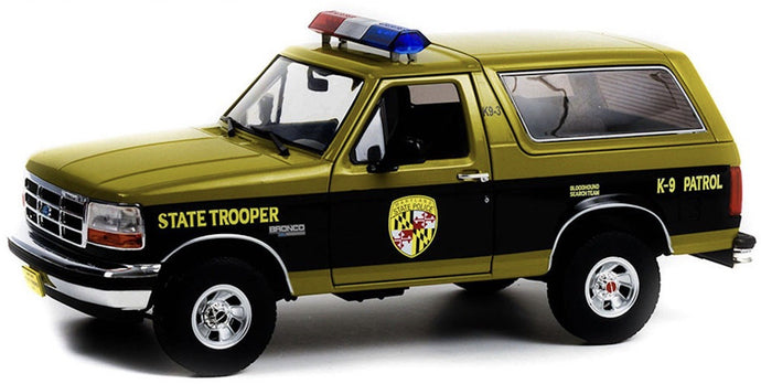 Ford BRONCO 'MARYLAND STATE POLICE STATE TROOPER BLOODHOUND SEARCH TEAM K-9 PATROL' 1996 grøn/sort 1:18