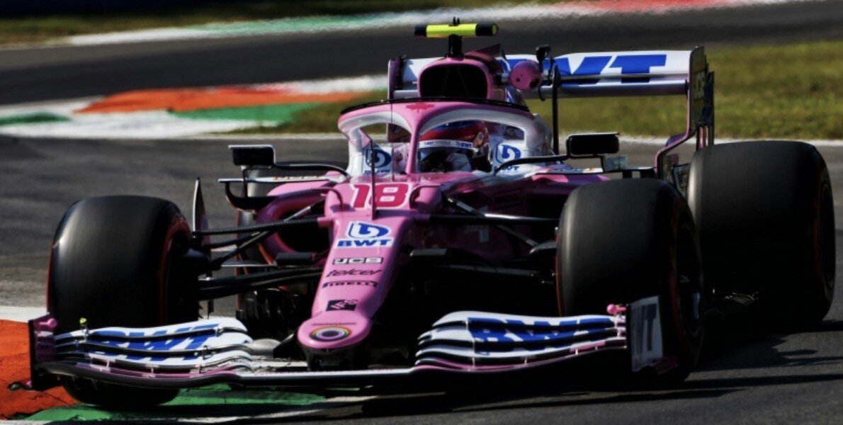 BWT RACING POINT F1 TEAM MERCEDES RP20 #18 LANCE STROLL 3RD PLACE ITALIAN GP 2020 lyserød/hvid/blå 1:43