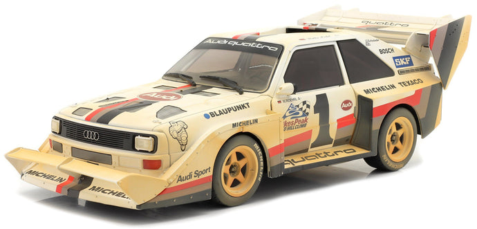 AUDI QUATTRO SPORT S1 E2 N 1 WINNER RALLY PIKES PEAK HILL CLIMB - DIRTY VERSION - 1987 W.ROHRL YELLOW WHITE RED 1:18