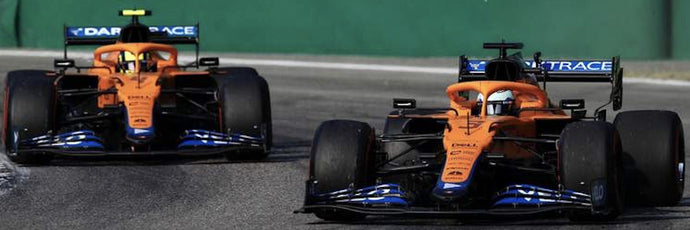 McLAREN F1 SET 2X COFFRET MCL35L TEAM MCLAREN N 3 WINNER ITALY GP 2021 DANIEL RICCIARDO + N 4 2nd ITALY GP 2021 LANDO NORRIS ORANGE LIGHT BLUE 1:43