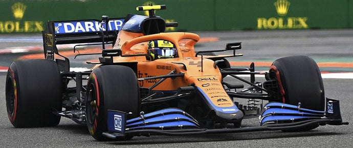 McLAREN F1 MCL35L TEAM MCLAREN N 4 POLE POSITION SOTCHI RUSSIAN GP 2021 LANDO NORRIS ORANGE LIGHT BLUE 1:43