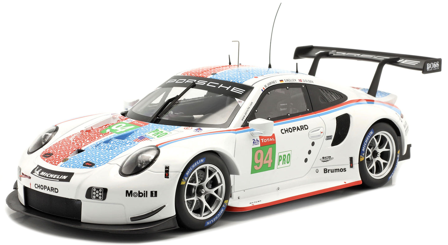 PORSCHE 911 991 RSR 4.0L FLAT-6 PORSCHE GT TEAM N 94 24h LE MANS 2019 S.MULLER - M.JAMINET - D.OLSEN WHITE BLUE RED 1:18