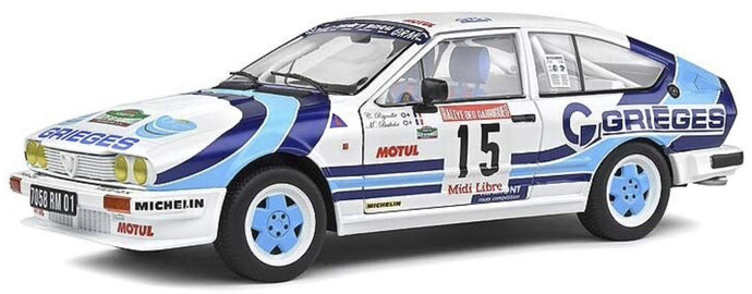 ALFA ROMEO ALFETTA GTV6 N 15 RALLY DES GARRIGUES 1986 C.RIGOLLET - M.BATHELOT WHITE 2 TONE BLUE 1:18