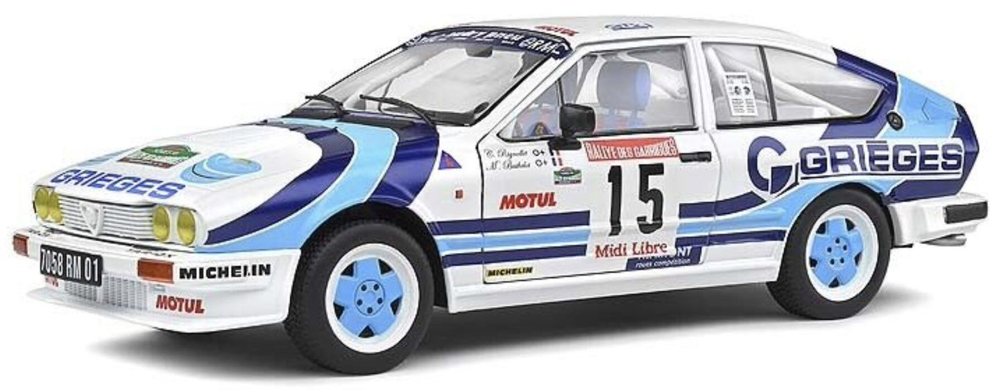 ALFA ROMEO ALFETTA GTV6 N 15 RALLY DES GARRIGUES 1986 C.RIGOLLET - M.BATHELOT WHITE 2 TONE BLUE 1:18
