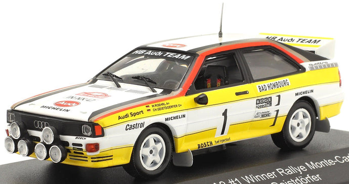 AUDI SPORT QUATTRO A2 TEAM AUDI SPORT (night version) N 1 WINNER RALLY MONTECARLO 1984 WALTER ROHRL - CHRISTIAN GEISTDORFER WHITE YELLOW 1:43