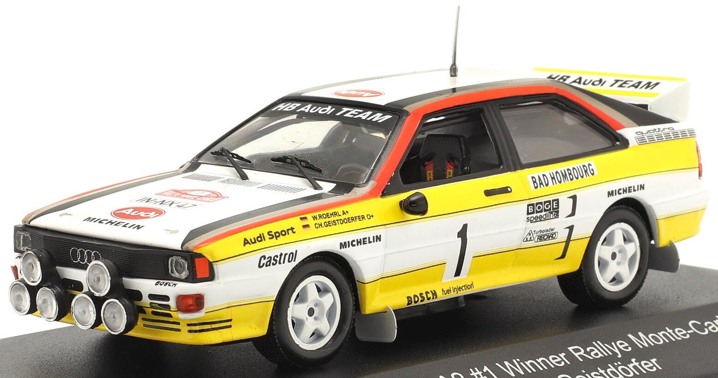 AUDI SPORT QUATTRO A2 TEAM AUDI SPORT (night version) N 1 WINNER RALLY MONTECARLO 1984 WALTER ROHRL - CHRISTIAN GEISTDORFER WHITE YELLOW 1:43