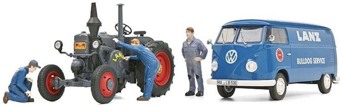 LANZ BULLDOG + VW T1b & 3 FIGUREN LANZ BULLDIG SERVICE - SET grå/blå 1:32