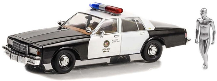 CHEVROLET CAPRICE METROPOLITAN POLICE 1987 - TERMINATOR 2 MOVIE 1991 - THE JUDGMENT DAY - IL GIORNO DEL GIUDIZIO - WITH T-1000 LIQUID METAL ANDROID FIGURE BLACK WHITE 1:18