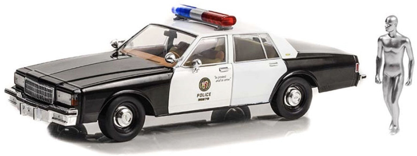 CHEVROLET CAPRICE METROPOLITAN POLICE 1987 - TERMINATOR 2 MOVIE 1991 - THE JUDGMENT DAY - IL GIORNO DEL GIUDIZIO - WITH T-1000 LIQUID METAL ANDROID FIGURE BLACK WHITE 1:18
