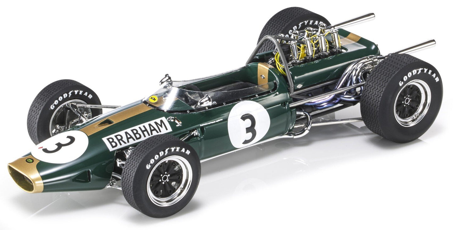 BRABHAM F1 BT19 N 3 WINNER GERMANY GP JACK BRABHAM 1966 WORLD CHAMPION WITH SHOWCASE GREEN GOLD 1:18