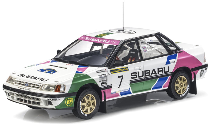 SUBARU LEGACY RS N 7 2nd SWEDISH RALLY 1992 COLIN McRAE - DEREK RINGER WITH SHOWCASE WHITE GREEN PINK 1:18