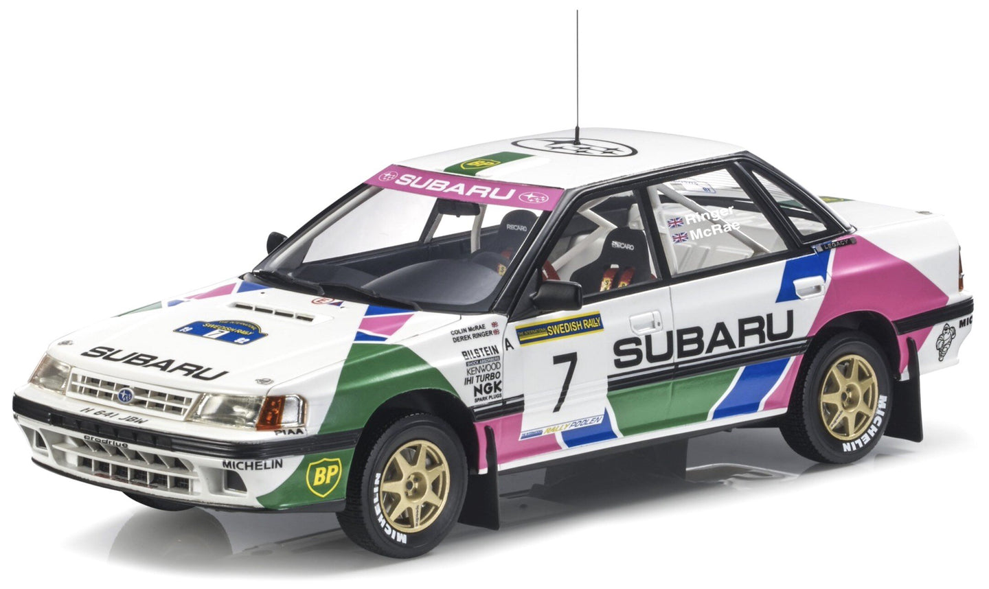 SUBARU LEGACY RS N 7 2nd SWEDISH RALLY 1992 COLIN McRAE - DEREK RINGER WITH SHOWCASE WHITE GREEN PINK 1:18