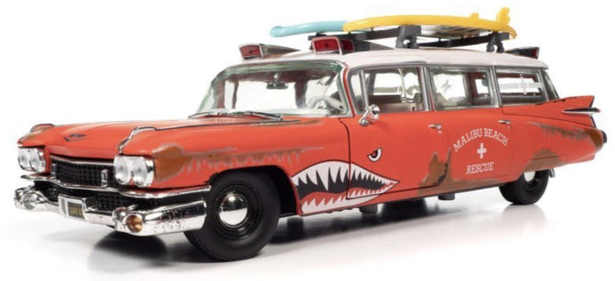 CADILLAC ELDORADO AMBULANCE WITH SHARK GRAPHICS AN SURFBOARDS 1959 RED WHITE 1:18