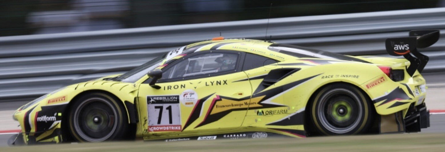 FERRARI 488 GT3 EVO 3.9L TURBO V8 TEAM IRON LYNX N 71 3rd 24h SPA 2022 ANTONIO FUOCO - DAVIDE RIGON - DANIEL SERRA YELLOW BLACK 1:43