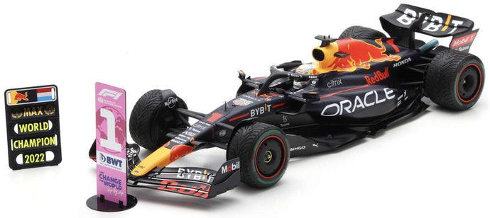 RED BULL F1 RB18 TEAM ORACLE RED BULL RACING N 1 WORLD CHAMPION WINNER JAPAN GP WITH PIT BOARD 2022 MAX VERSTAPPEN MATT BLUE YELLOW RED 1:12