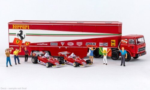 Fiat 691 T RENNTRANSPORT-SZ SET + 2 FERRARI 312 T2 F1 + 5 FIGUREN 1977 rød/grå 1:87
