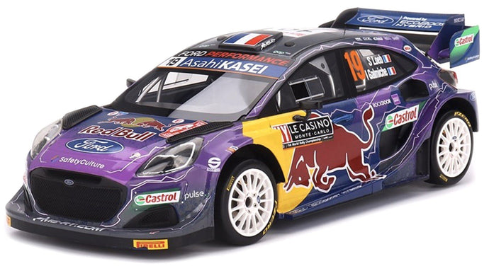 FORD ENGLAND PUMA RALLY1 RED BULL TEAM FORD WORLD RALLY M-SPORT N 19 WINNER RALLY MONTECARLO 2022 S.LOEB - I.GALMICHE PURPLE YELLOW BLACK 1:18