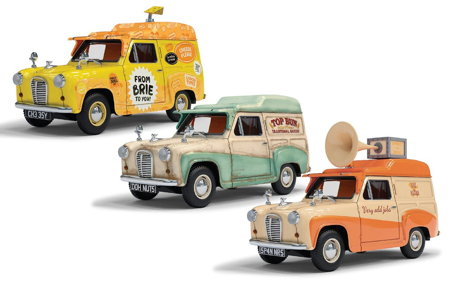 Austin A35 VAN COLLECTION - Cheese Please!, Top Bun, Spick & Spanmobile Wallace & Gromit - 3 CAR SET 1:43