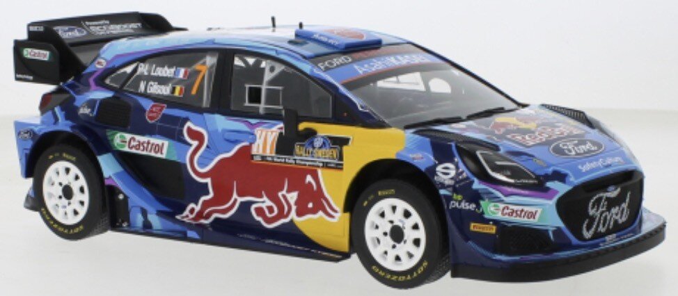 FORD ENGLAND PUMA RALLY1 TEAM RED BULL FORD WORLD RALLY M-SPORT N 7 6th RALLY SWEDEN 2023 PIERRE LOUIS LOUBET - NICOLAS GILSOUL BLUE YELLOW RED 1:18