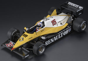 RENAULT F1 RE40 N 15 WINNER FRENCH GP PAUL RICHARD (POLE AND FASTEST LAP) (with pilot figure) 1983 ALAIN PROST WITH SHOWCASE BLACK YELLOW WHITE 1:18