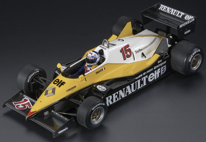 RENAULT F1 RE40 N 15 WINNER FRENCH GP PAUL RICHARD (POLE AND FASTEST LAP) (with pilot figure) 1983 ALAIN PROST WITH SHOWCASE BLACK YELLOW WHITE 1:18