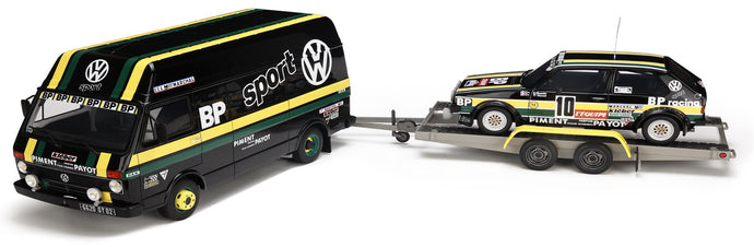 VOLKSWAGEN RALLY SET - VOLKSWAGEN LT35 VAN + TRAILER + GOLF GTi MKI Gr.2 TEAM BP RACING VOLKSWAGEN SPORT N 10 RALLY TOUR DE FRANCE AUTOMOBILE 1981 J.PANCIATICI - P.THINNES BLACK YELLOW GREEN 1:18