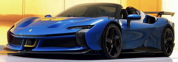 FERRARI SF90 XX STRADALE SPIDER 2024 WITH SHOWCASE AZZURRO DINO - LIGHT BLUE BLACK YELLOW 1:18