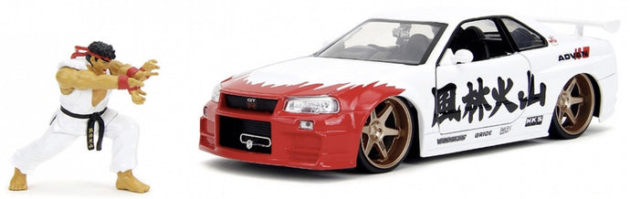 NISSAN SKYLINE GT-R (R34) ADVAN 2002 WITH STREET FIGHTER RYU FIGURE WHITE RED 1:24