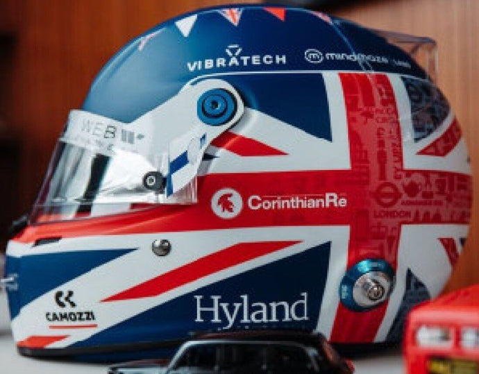 BELL HELMET F1 CASCO HELMET ALFA ROMEO C43 TEAM STAKE N 77 BRITISH GP 2023 VALTTERI BOTTAS BLUE RED WHITE 1:5