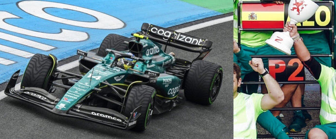 ASTON MARTIN ARAMCO COGNIZANT F1 TEAM AMR23 #14 FERNANDO ALONSO 2nd DUTCH GP 2023 + PITBOARD grøn/sort/gul 1:43