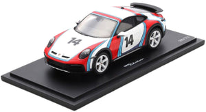 PORSCHE 911 992 COUPE MARTINI RACING LIVERY N 14 RALLY DAKAR 2023 WITH SHOWCASE WHITE BLUE RED 1:18