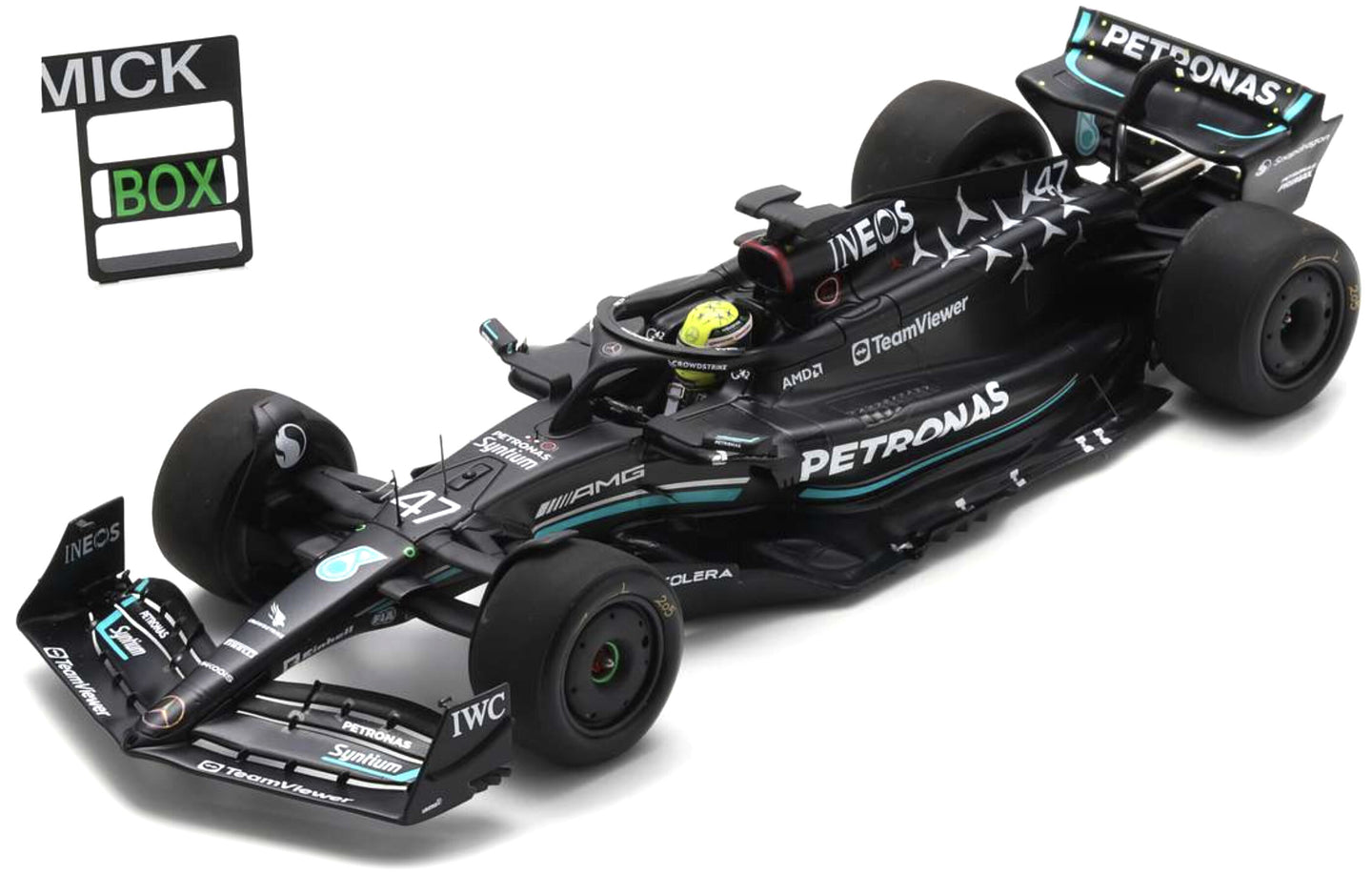 MERCEDES GP F1 W14 TEAM MERCEDES-AMG PETRONAS FORMULA ONE N 47 TIRES TEST SPAIN GP 2023 MICK SCHUMACHER MATT BLACK 1:18