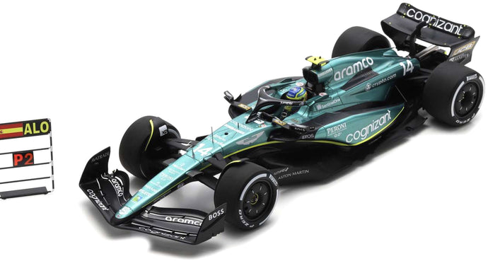 ASTON MARTIN ARAMCO COGNIZANT F1 TEAM AMR23 #14 FERNANDO ALONSO 2nd CANADA GP 2023 + PITBOARD grøn/sort/gul 1:18
