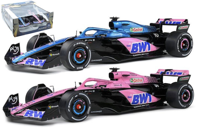 ALPINE SET 2X F1 A523 TEAM BWT ALPINE PRESS LAUNCH LIVERY N 10 PIERRE GASLY - N 31 ESTEBAN OCON 2023 BLUE BLACK PINK 1:18