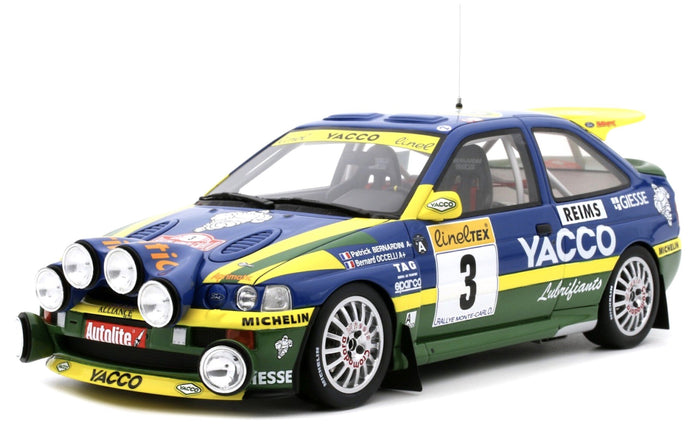 FORD ENGLAND ESCORT RS COSWORTH TEAM ALLIANCE YACCO (night version) N 3 WINNER RALLY MONTECARLO 1996 P.BERNARDINI - B.OCCELLI BLUE YELLOW 1:18