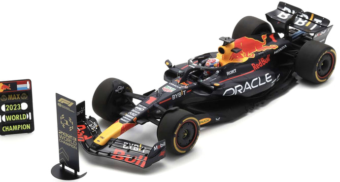 Red Bull RB19 RACING #1 MAX VERSTAPPEN WINNER QATAR GP WORLD CHAMPION 2023+BIG BASE NUMBER PITBOARD mørk blå/rød/gul 1:18