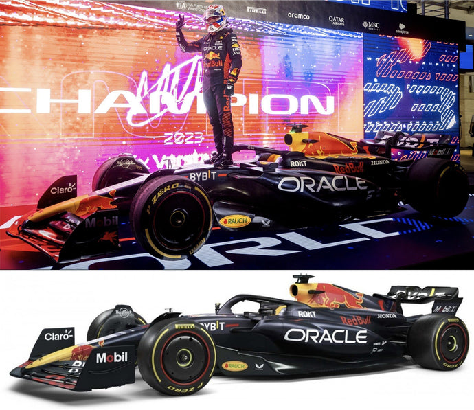 RED BULL SET 2X F1 RB19 TEAM ORACLE RED BULL RACING N 1 WORLD CHAMPION 2nd SPRINT RACE + WINNER QATAR GP 2023 MAX VERSTAPPEN MATT BLUE 1:18
