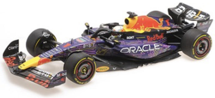 RED BULL RACING RB19 #1 MAX VERSTAPPEN WINNER LAS VEGAS GP 2023 lilla/rød/gul 1:18